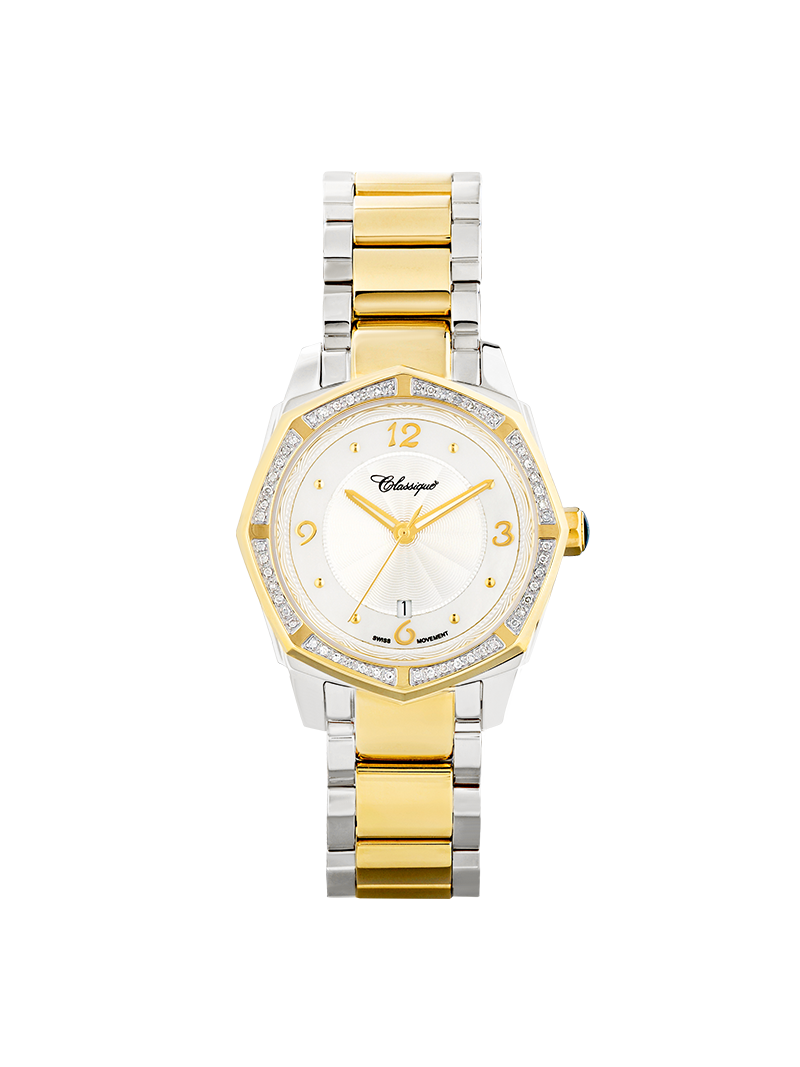 Case Two Tone Gold Plated Stainless Steel Dial Silver Dial Champagne Arabic Bracelet