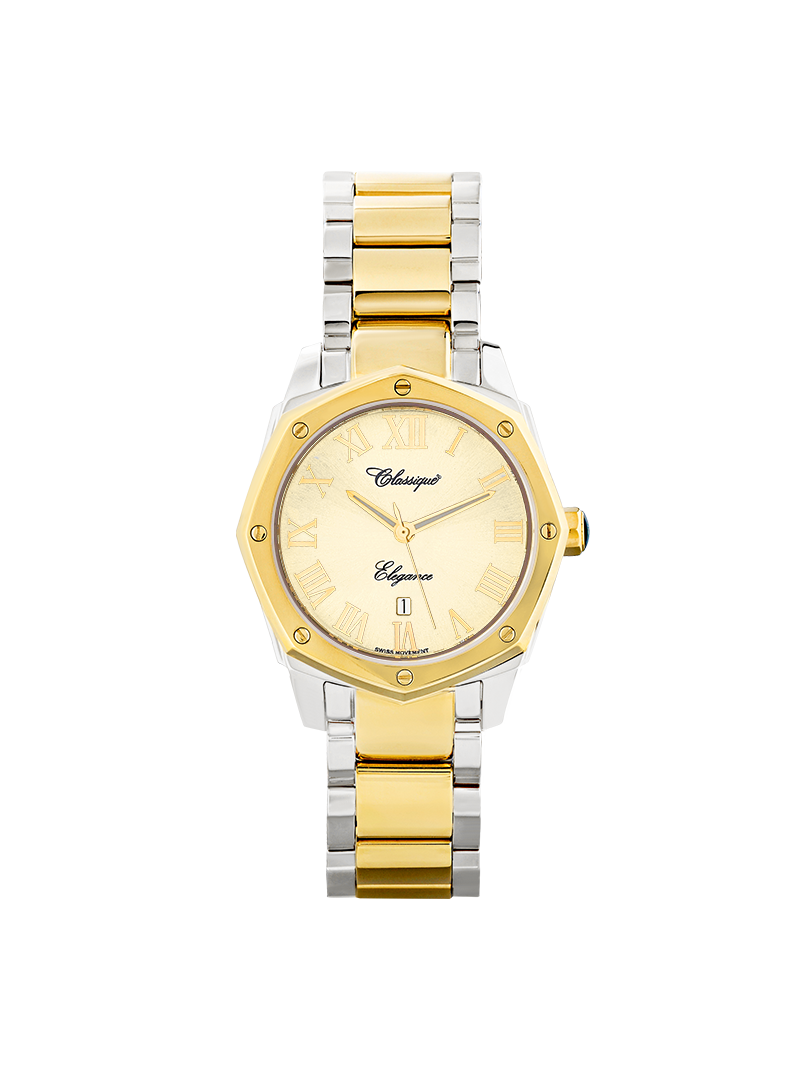 Case Two Tone Gold Plated Stainless Steel Dial Champagne Dial Champagne Roman Band Bracelet