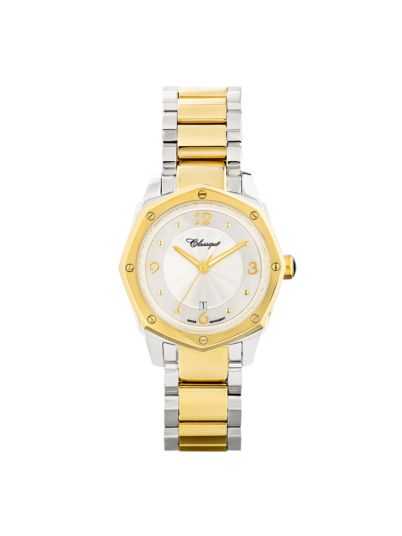 Case Two Tone Gold Plated Stainless Steel Dial Mother of Pearl Dial Champagne Arabic Bracelet