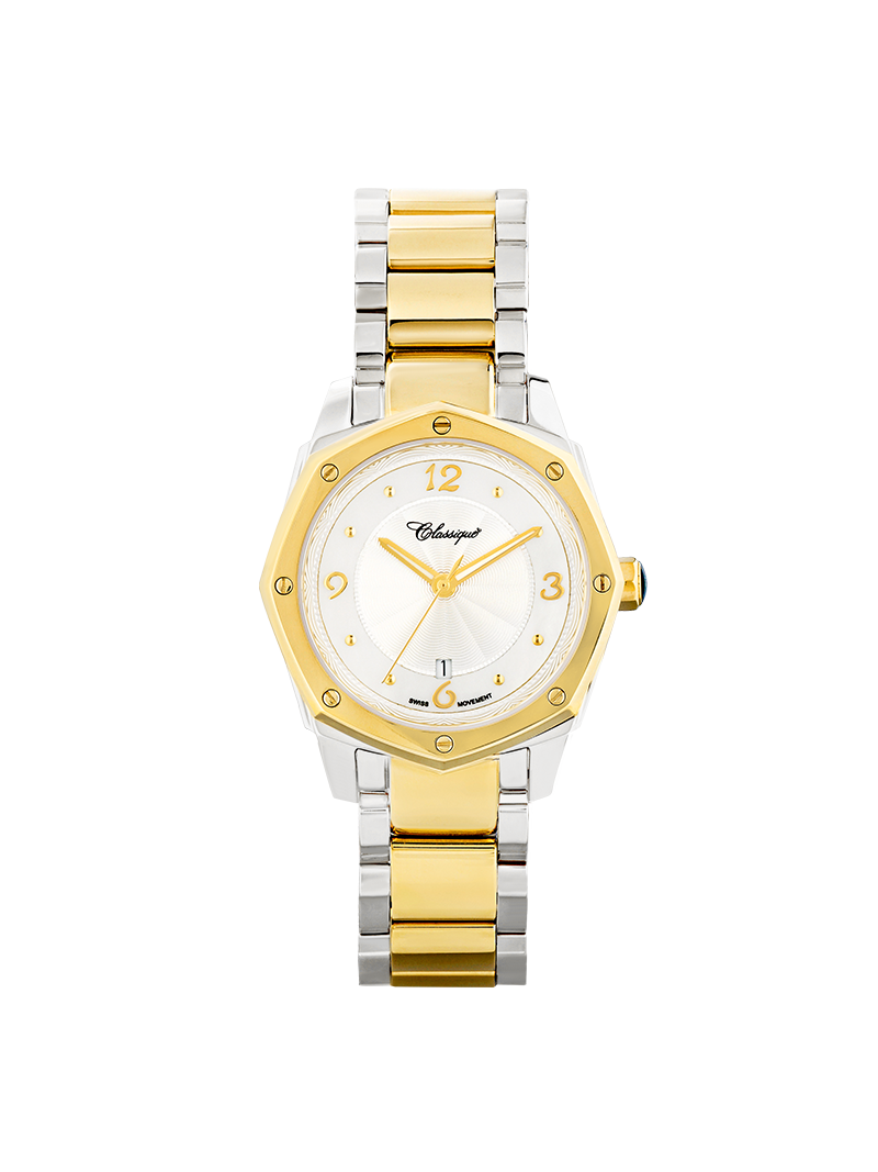 Case Two Tone Gold Plated Stainless Steel Dial Silver Dial Champagne Arabic Bracelet