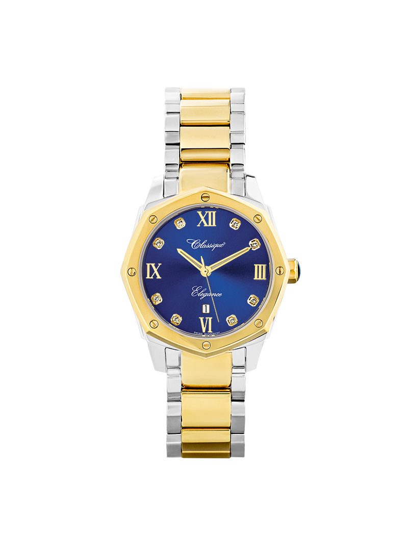 Case Two Tone Gold Plated Stainless Steel Dial Blue Dial Square Stone Bracelet