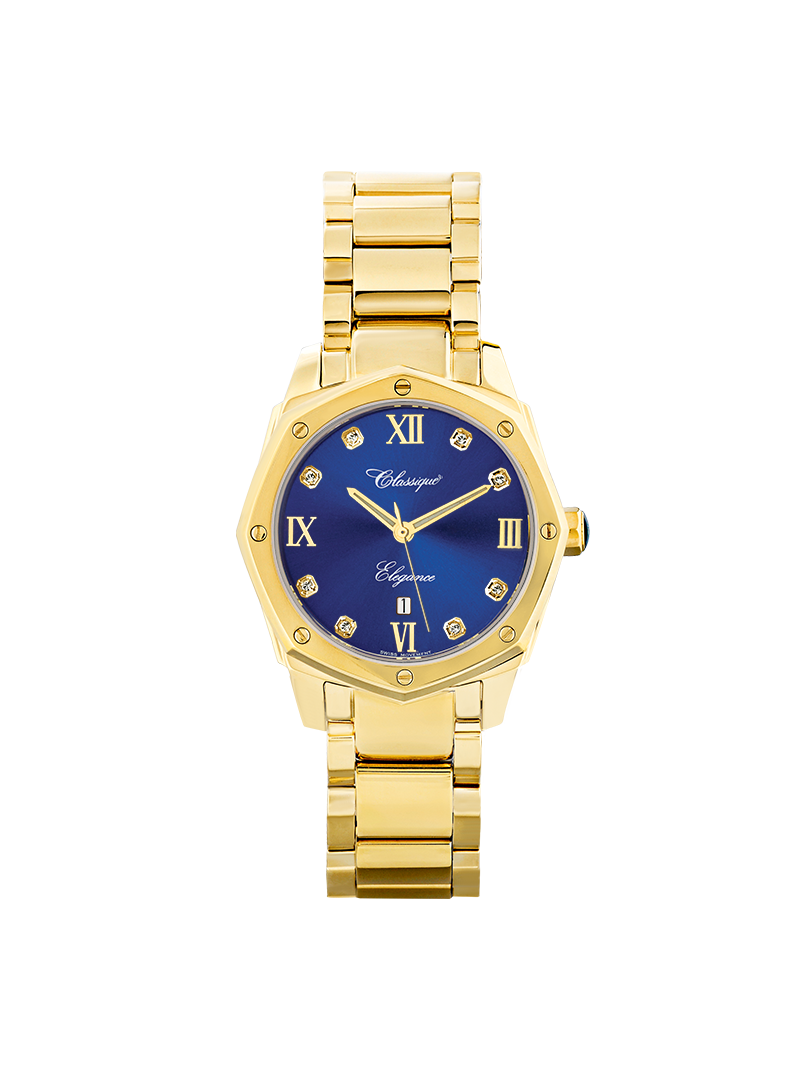 Case Gold Plated Stainless Steel Dial Blue Dial Square Stone Band Bracelet
