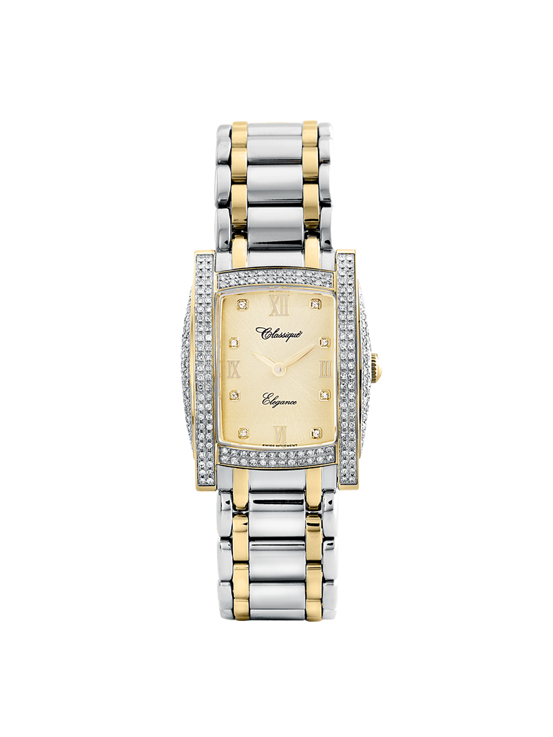 Case Two Tone Gold Plated Stainless Steel Dial Champagne Dial Square Stone Bracelet