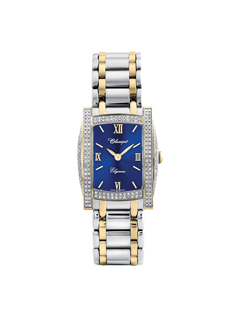 Case Two Tone Gold Plated Stainless Steel Dial Blue Dial Champagne Roman Bracelet