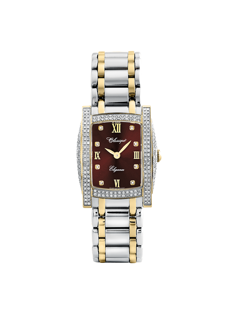 Case Two Tone Gold Plated Stainless Steel Dial Brown Dial Square Stone Bracelet
