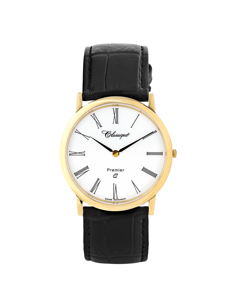 Case Gold Plated Stainless Steel Dial White Dial Black Roman Leather Black