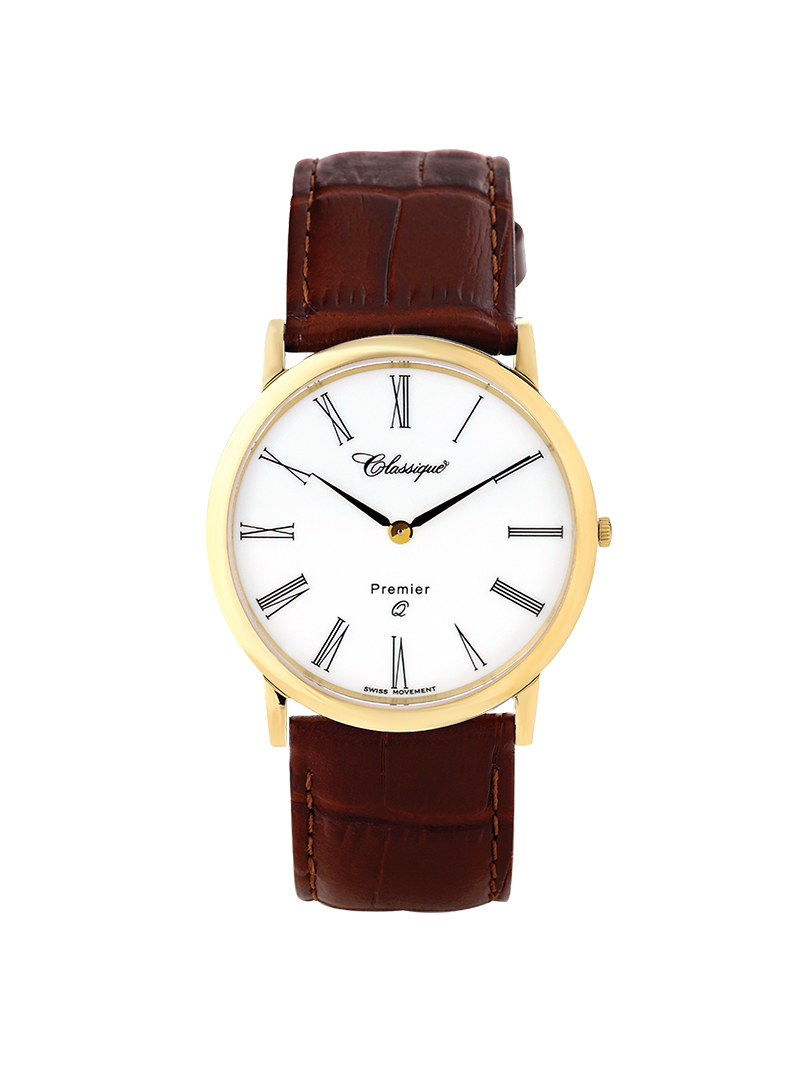 Case Gold Plated Stainless Steel Dial White Dial Black Roman Leather Brown