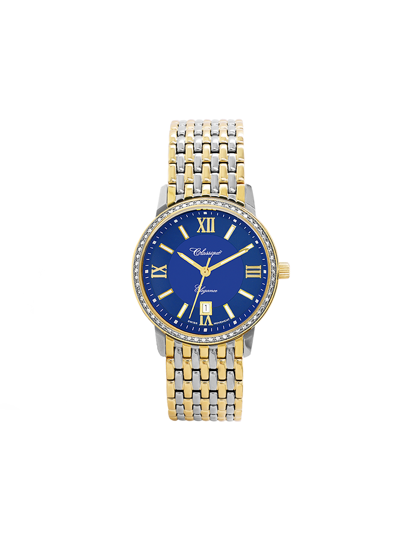 Case Two Tone Gold Plated Stainless Steel Dial Blue Dial Champagne Roman Bracelet