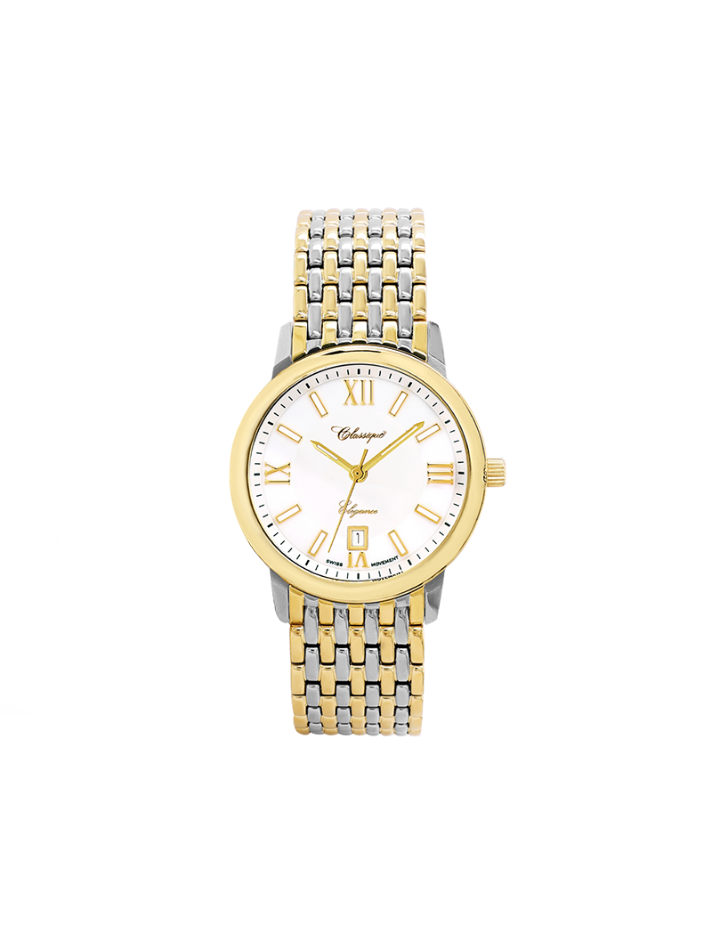 Case Two Tone Gold Plated Stainless Steel Dial White Dial Champagne Roman Band Bracelet