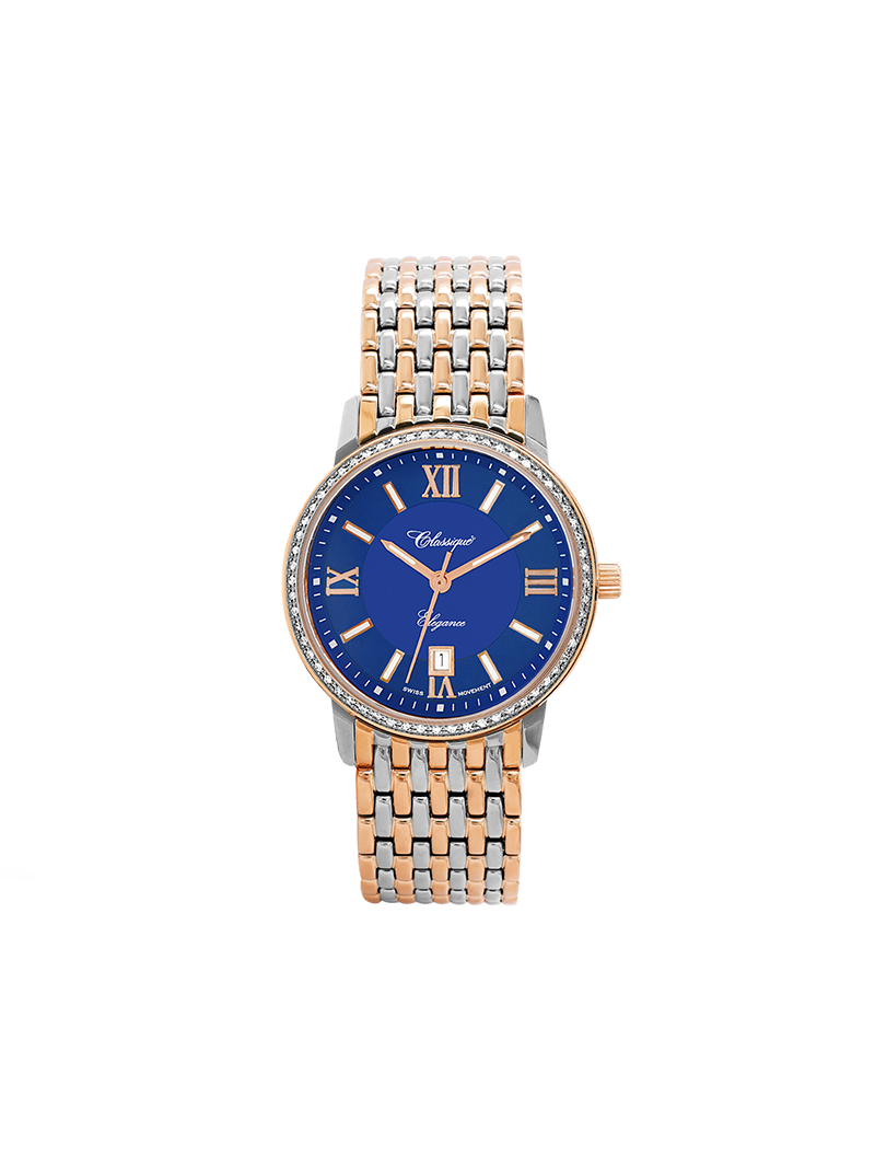 Case Two Tone Rose Gold Plated Stainless Steel Dial Blue Dial Rose Roman Bracelet