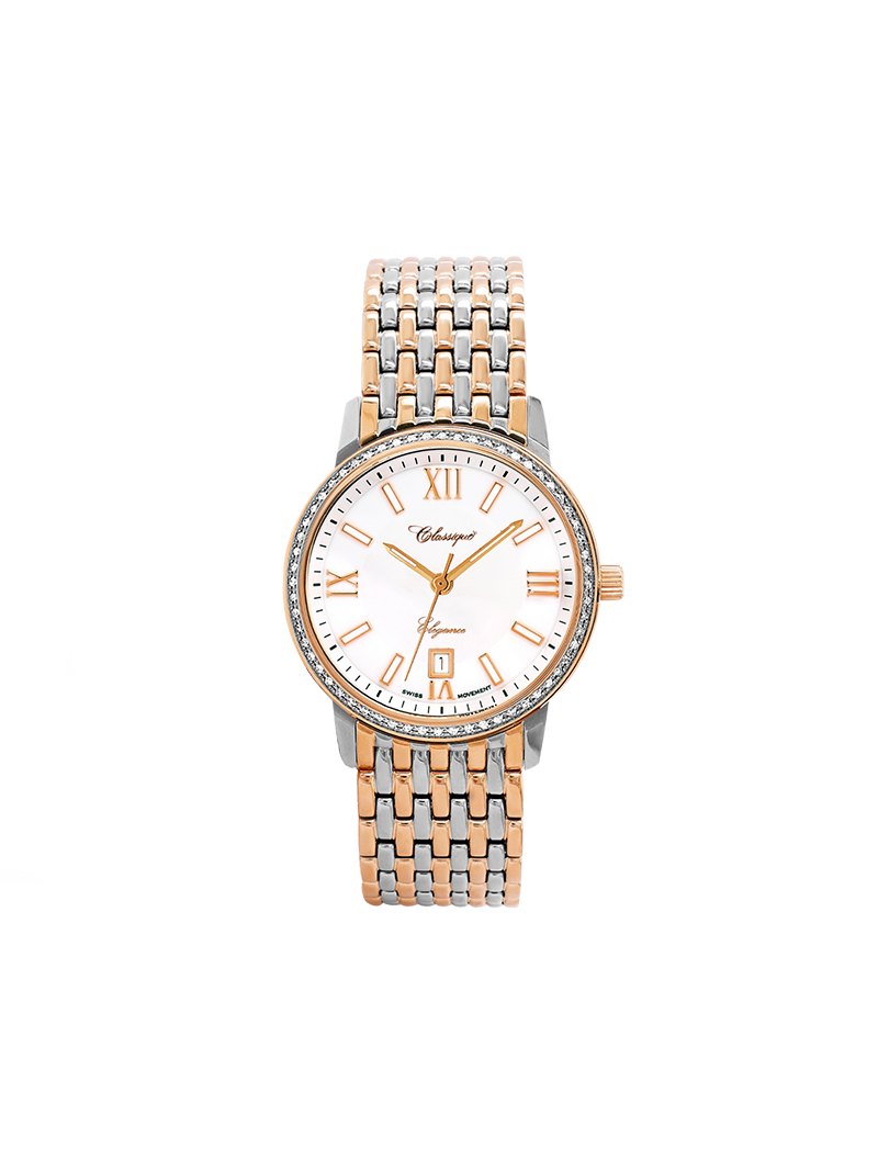 Case Two Tone Rose Gold Plated Stainless Steel Dial White Dial Rose Roman Bracelet