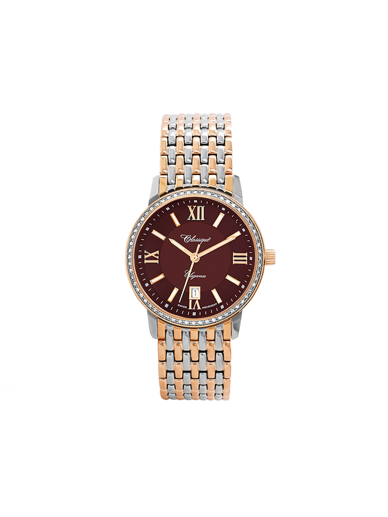 Case Two Tone Rose Gold Plated Stainless Steel Dial Brown Dial Rose Roman Bracelet