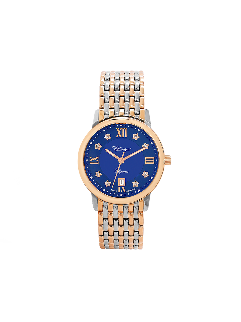 Case Two Tone Rose Gold Plated Stainless Steel Dial Blue Dial Star Stone Band Bracelet