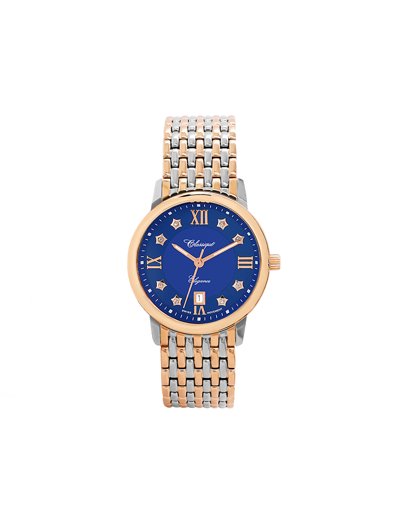 Case Two Tone Rose Gold Plated Stainless Steel Dial Blue Dial Star Stone Bracelet