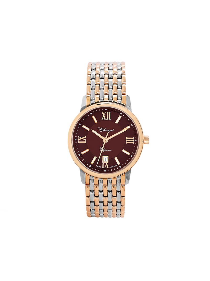 Case Two Tone Rose Gold Plated Stainless Steel Dial Brown Dial Rose Roman Band Bracelet