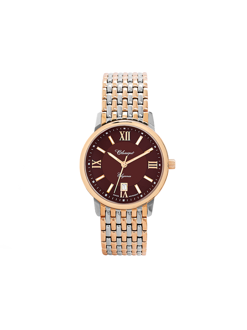 Case Two Tone Rose Gold Plated Stainless Steel Dial Brown Dial Rose Roman Bracelet