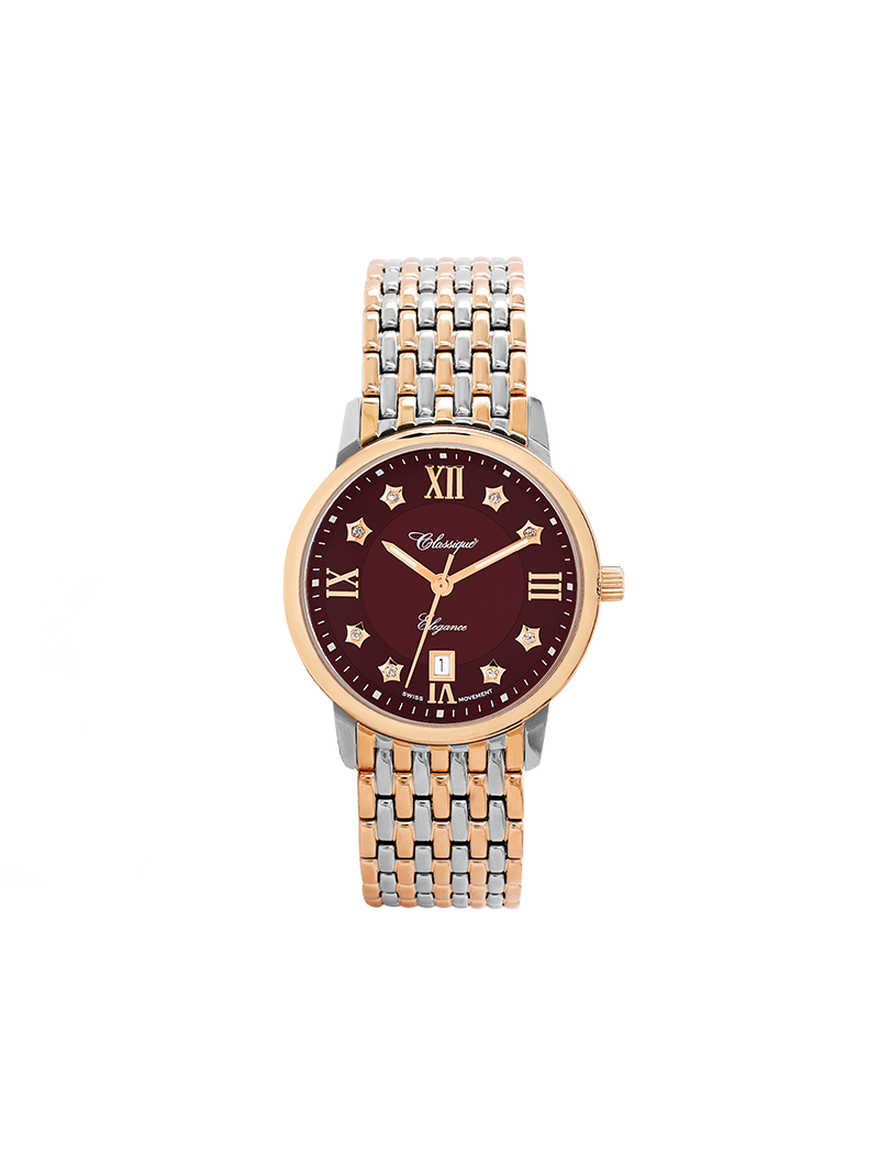 Case Two Tone Rose Gold Plated Stainless Steel Dial Brown Dial Star Stone Bracelet