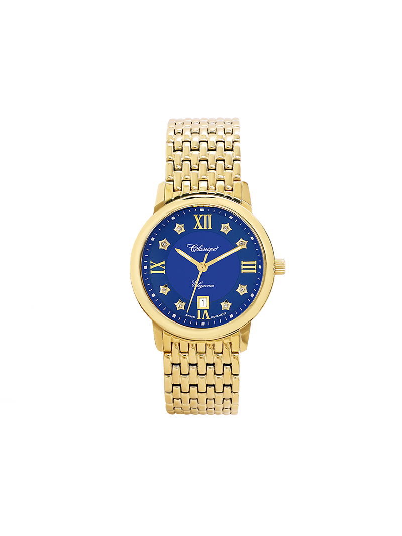 Case Gold Plated Stainless Steel Dial Blue Dial Star Stone Band Bracelet