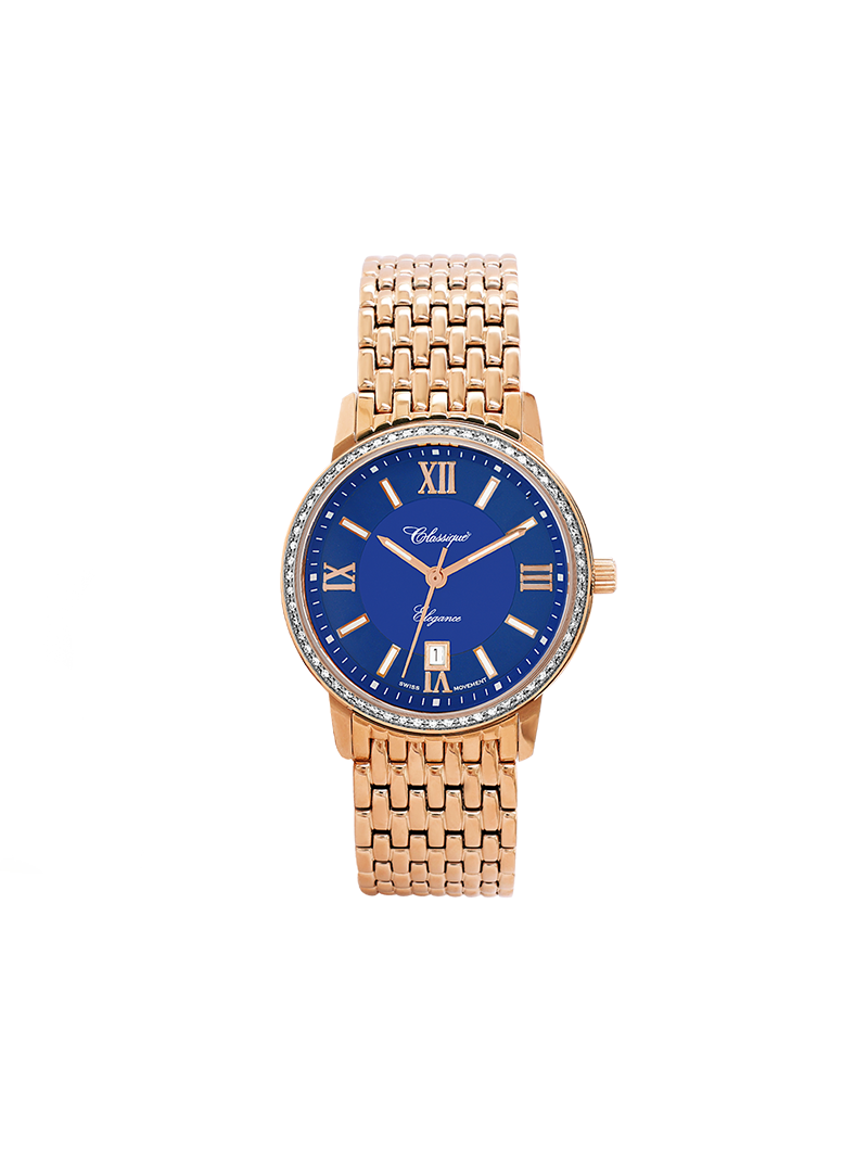 Case Rose Gold Plated Stainless Steel Dial Blue Dial Rose Roman Bracelet