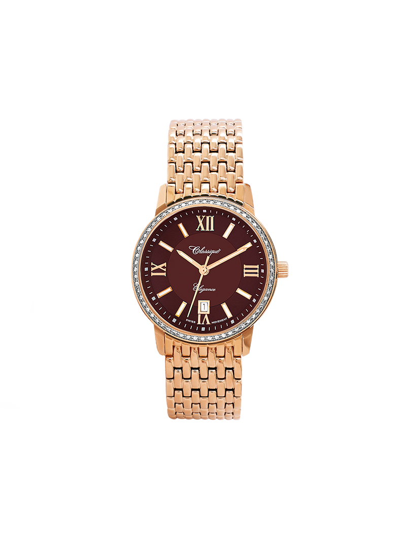 Case Rose Gold Plated Stainless Steel Dial Brown Dial Rose Roman Bracelet