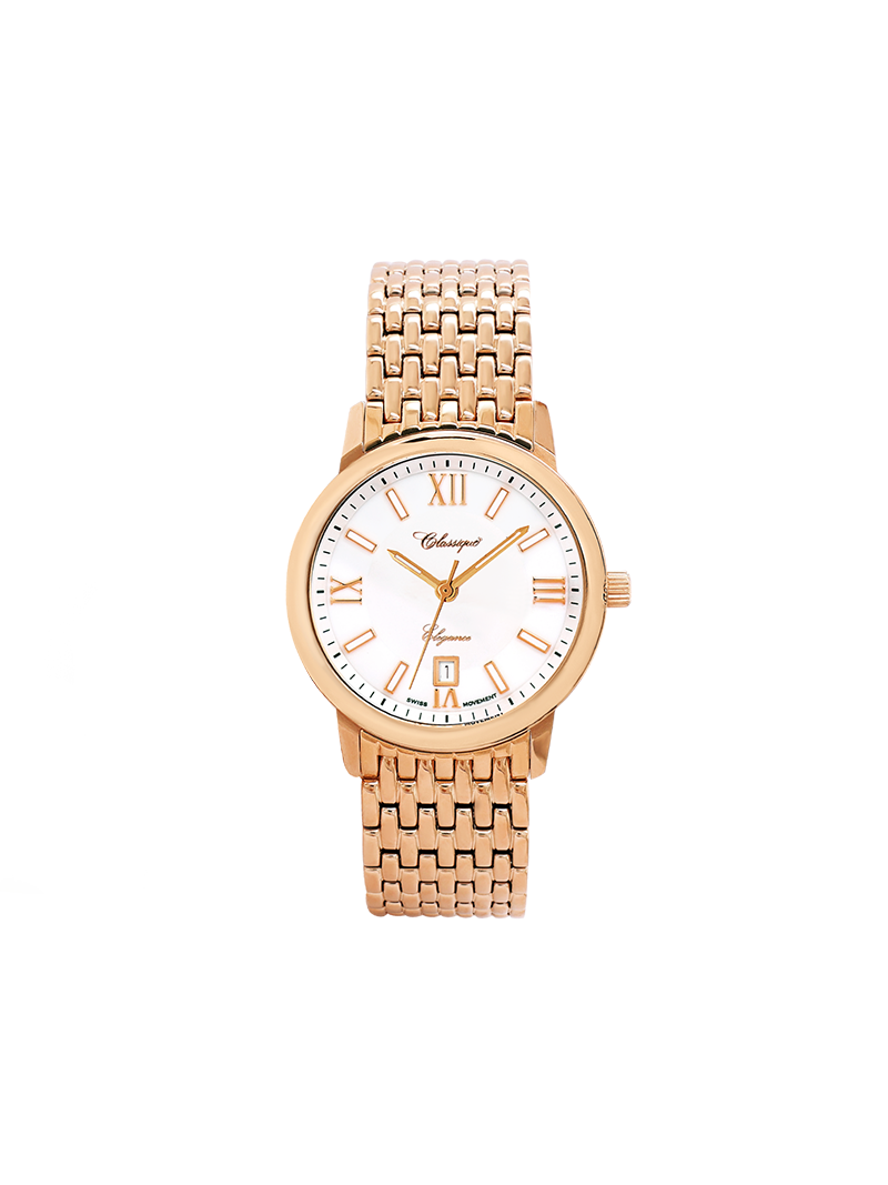 Case Rose Gold Plated Stainless Steel Dial White Dial Rose Roman Band Bracelet