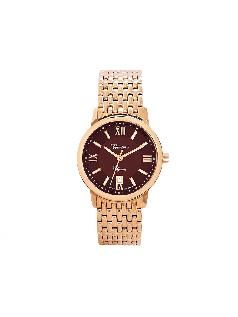 Case Rose Gold Plated Stainless Steel Dial Brown Dial Rose Roman Band Bracelet