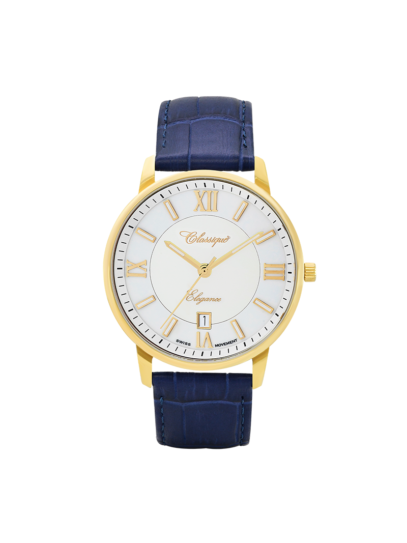 Case Gold Plated Stainless Steel Dial White Dial Champagne Roman Leather Blue
