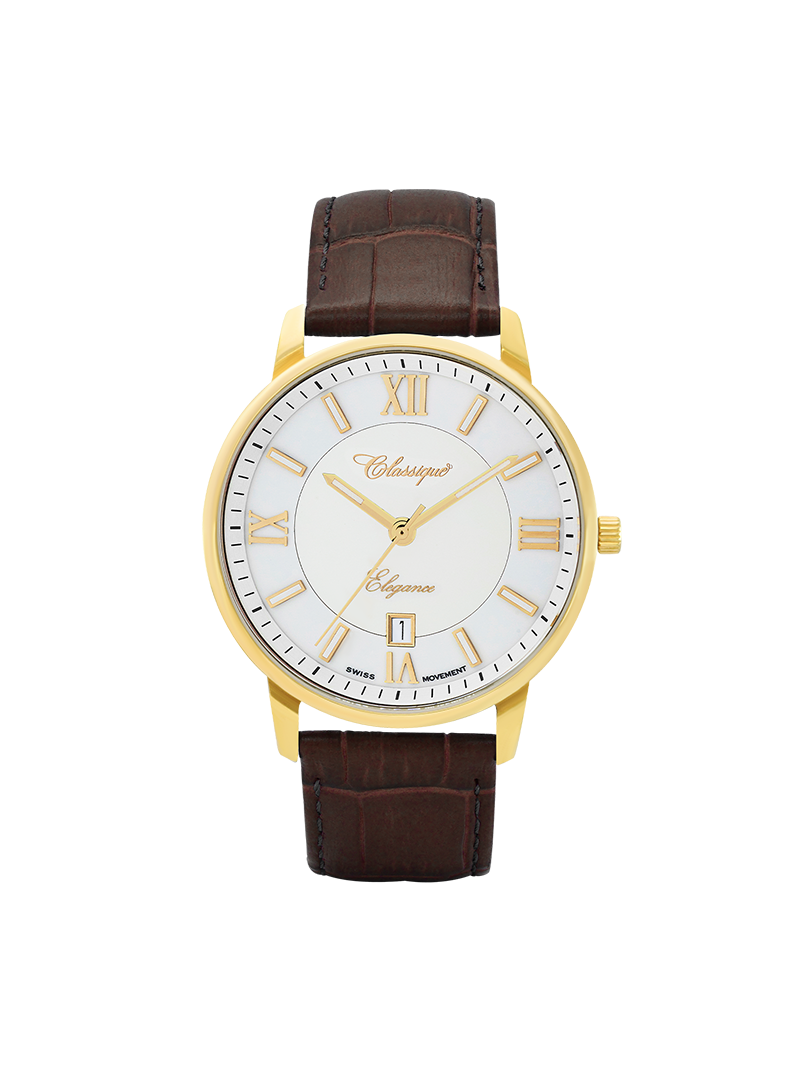 Case Gold Plated Stainless Steel Dial White Dial Champagne Roman Leather Brown