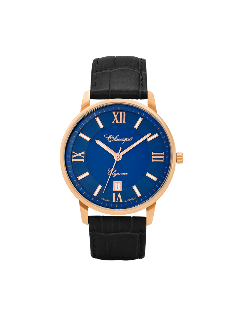 Case Rose Gold Plated Stainless Steel Dial Blue Dial Rose Roman Leather Black