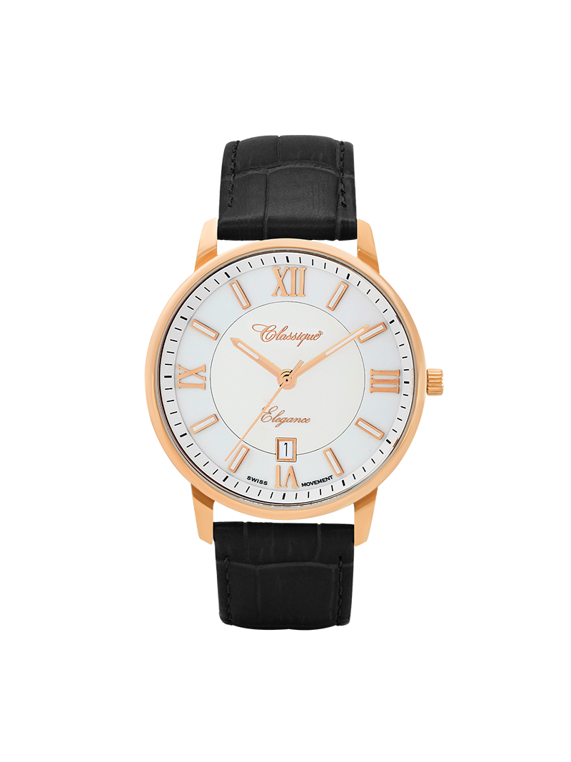 Case Rose Gold Plated Stainless Steel Dial White Dial Rose Roman Leather Black