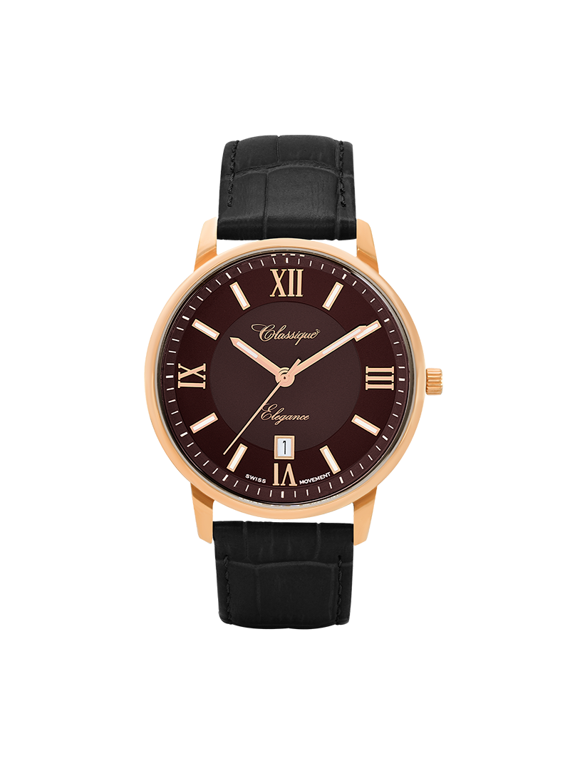 Case Rose Gold Plated Stainless Steel Dial Brown Dial Rose Roman Leather Black