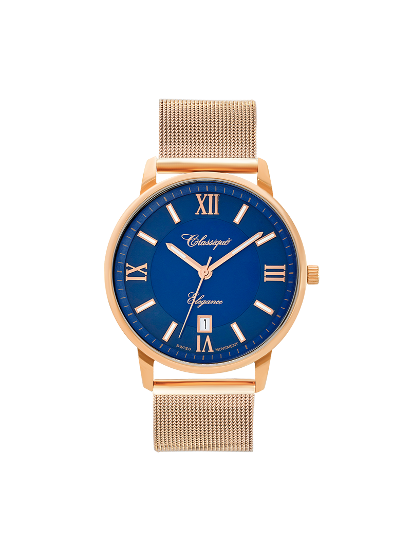 Case Rose Gold Plated Stainless Steel Dial Blue Dial Rose Roman Mesh Band