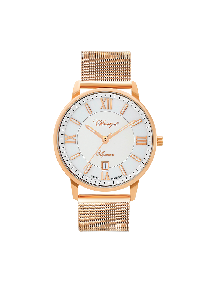 Case Rose Gold Plated Stainless Steel Dial White Dial Rose Roman Mesh Band