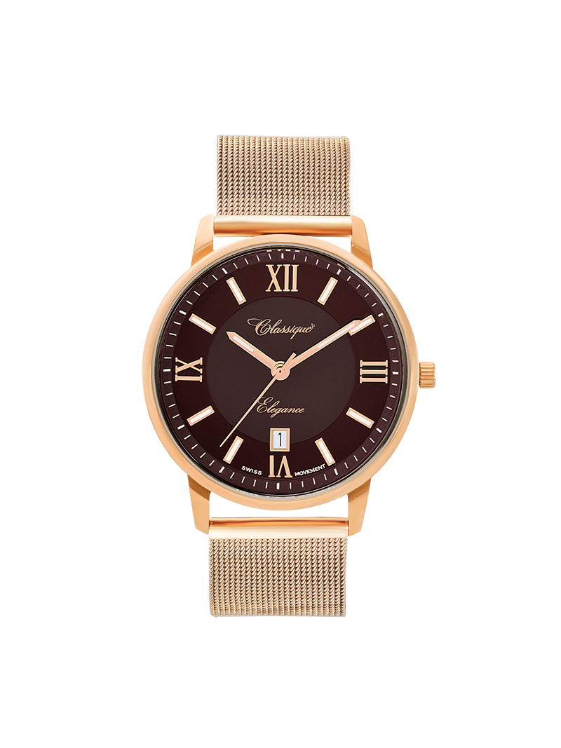 Case Rose Gold Plated Stainless Steel Dial Brown Dial Rose Roman Mesh Band