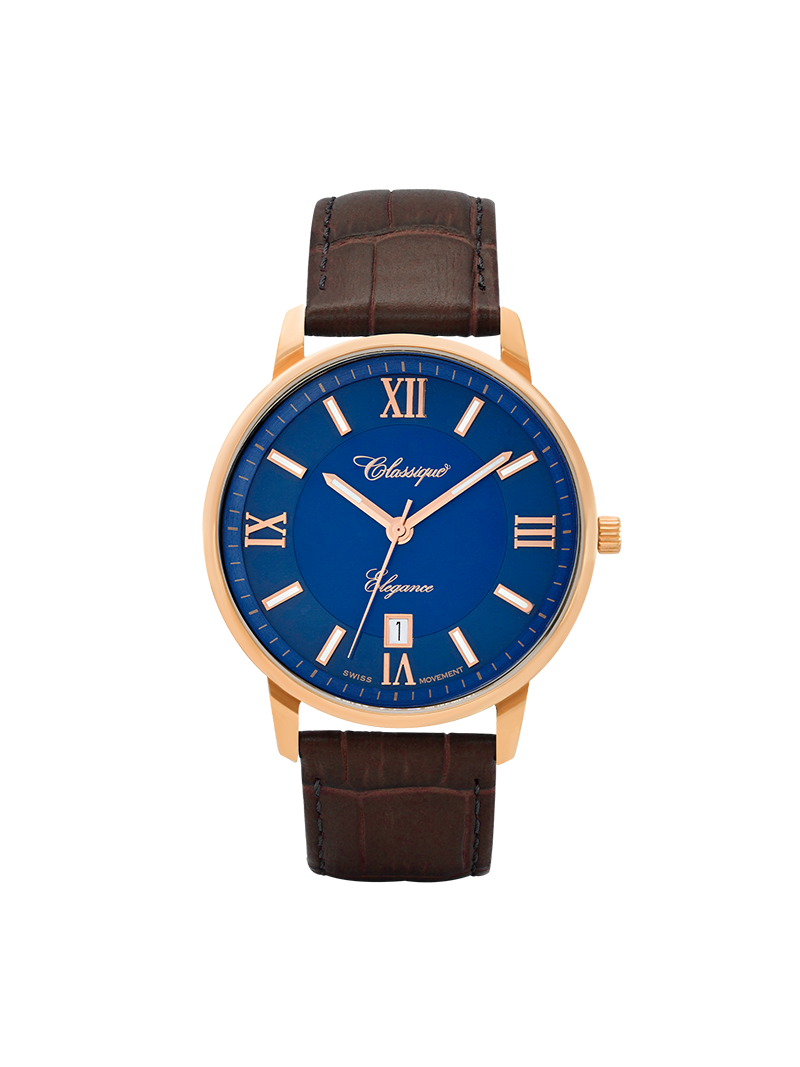 Case Rose Gold Plated Stainless Steel Dial Blue Dial Rose Roman Leather Brown
