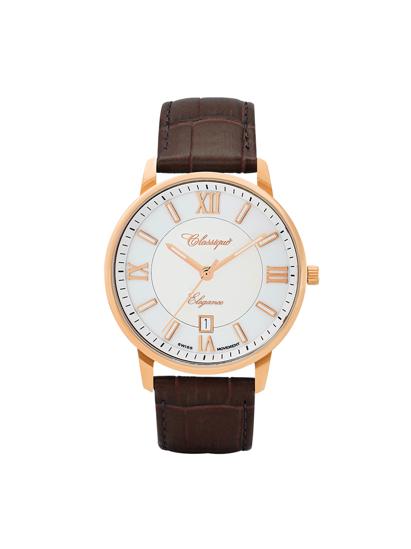 Case Rose Gold Plated Stainless Steel Dial White Dial Rose Roman Leather Brown