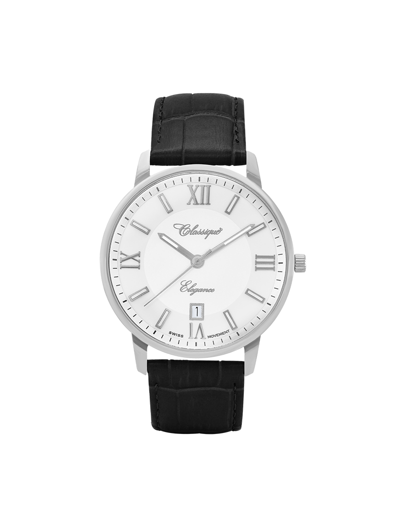 Case Stainless Steel Dial White Dial Silver Roman Leather Black