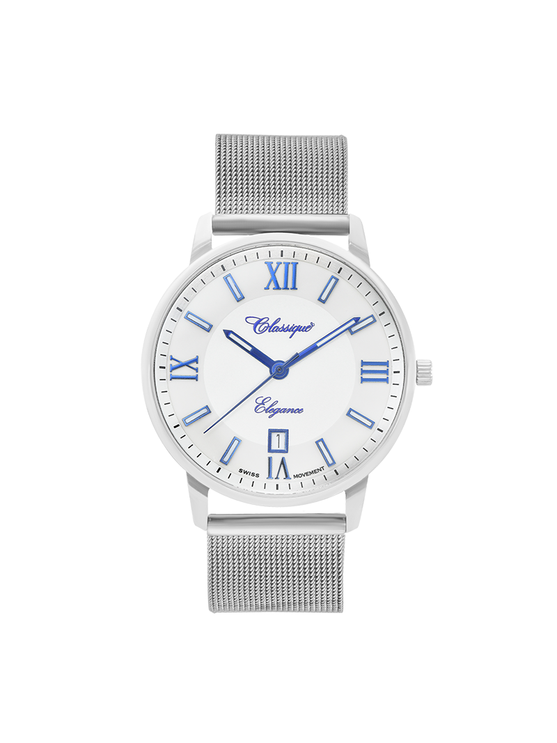 Case Stainless Steel Dial White Dial Blue Roman Mesh Band