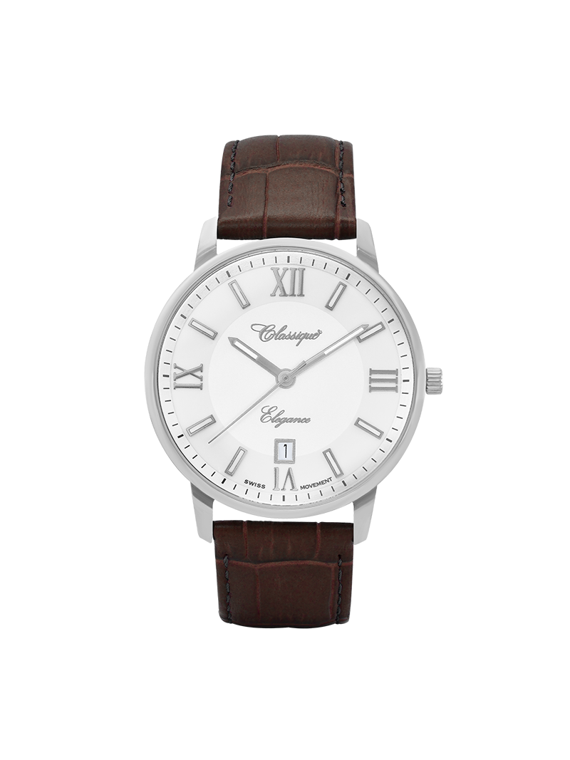 Case Stainless Steel Dial White Dial Silver Roman Leather Brown