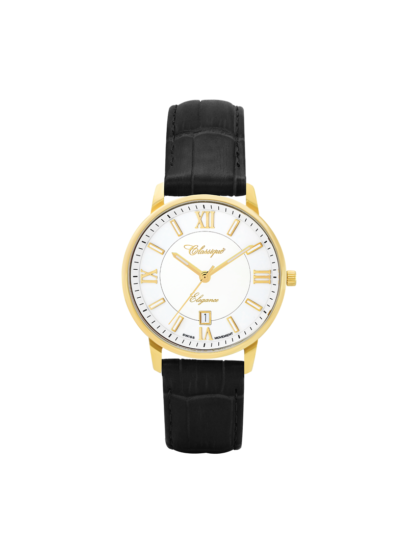 Case Gold Plated Stainless Steel Dial White Dial Champagne Roman Band Leather Black