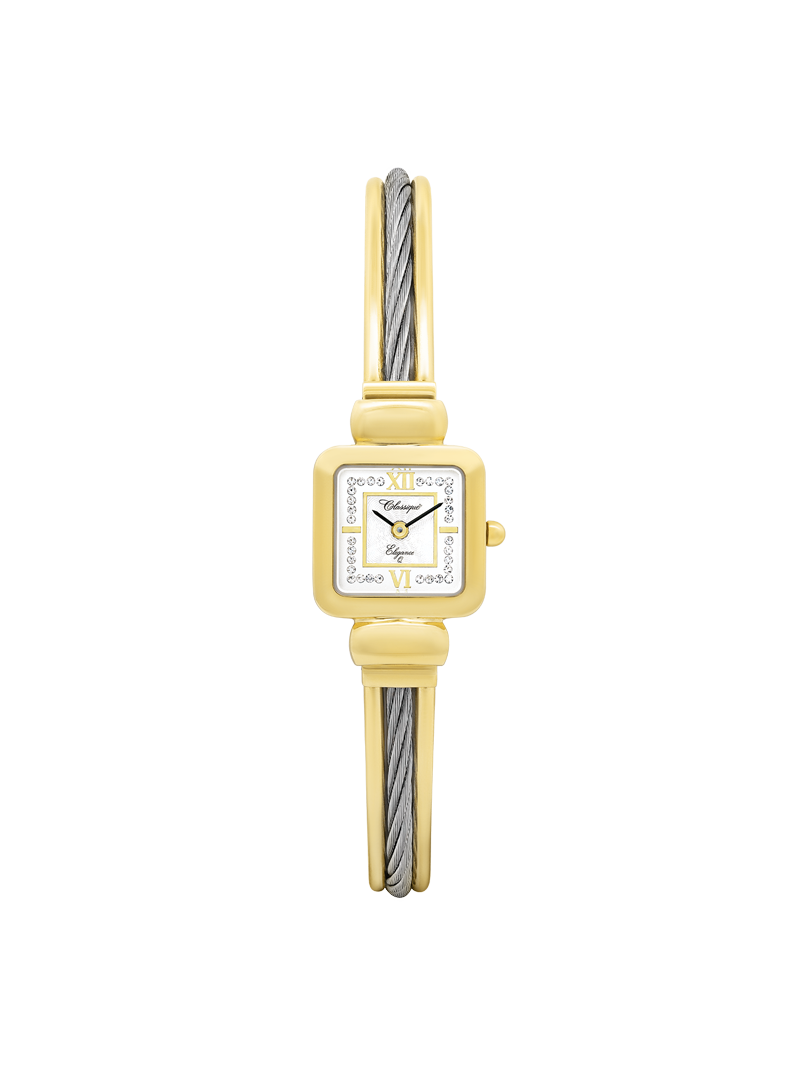 Case Two Tone Gold Plated Stainless Steel Dial White Dial Stone Half Bangle