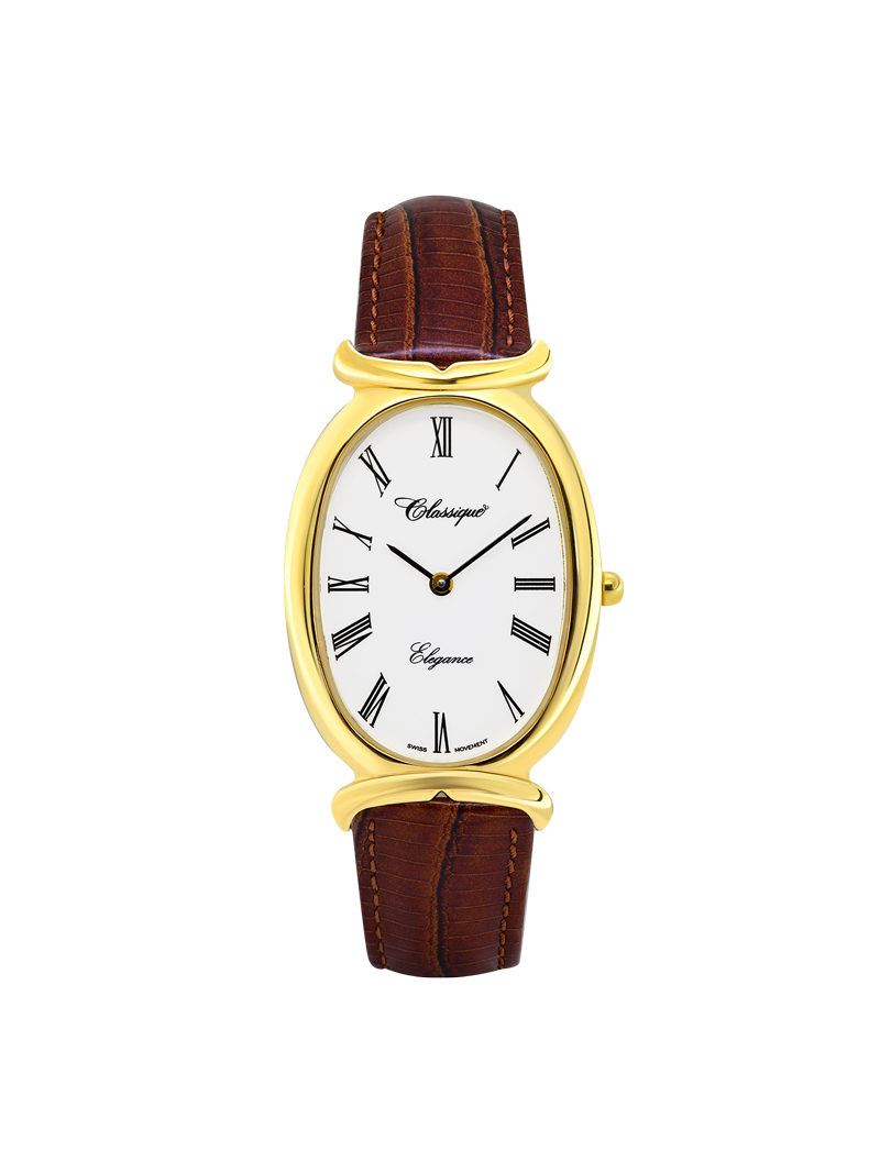 Case Gold Plated Stainless Steel Dial WHITE / ROMAN Dial Champagne Arabic Brown Strap Leather