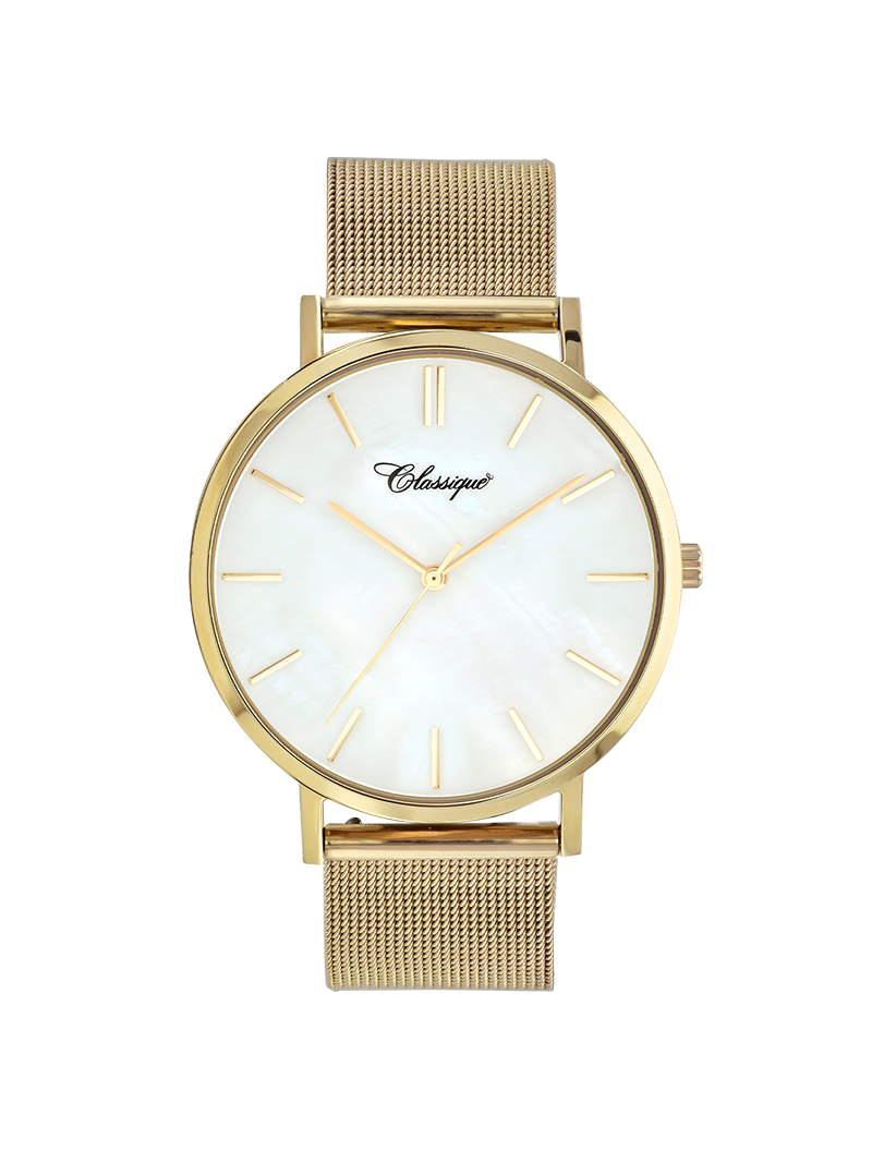 Case Gold Plated Stainless Steel Dial Mother of Pearl Dial Baton Quick Release Mesh Band