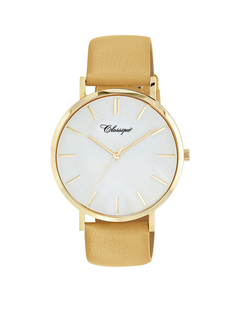 Case Gold Plated Stainless Steel Dial Mother of Pearl Dial Baton Quick Release Leather Mustard