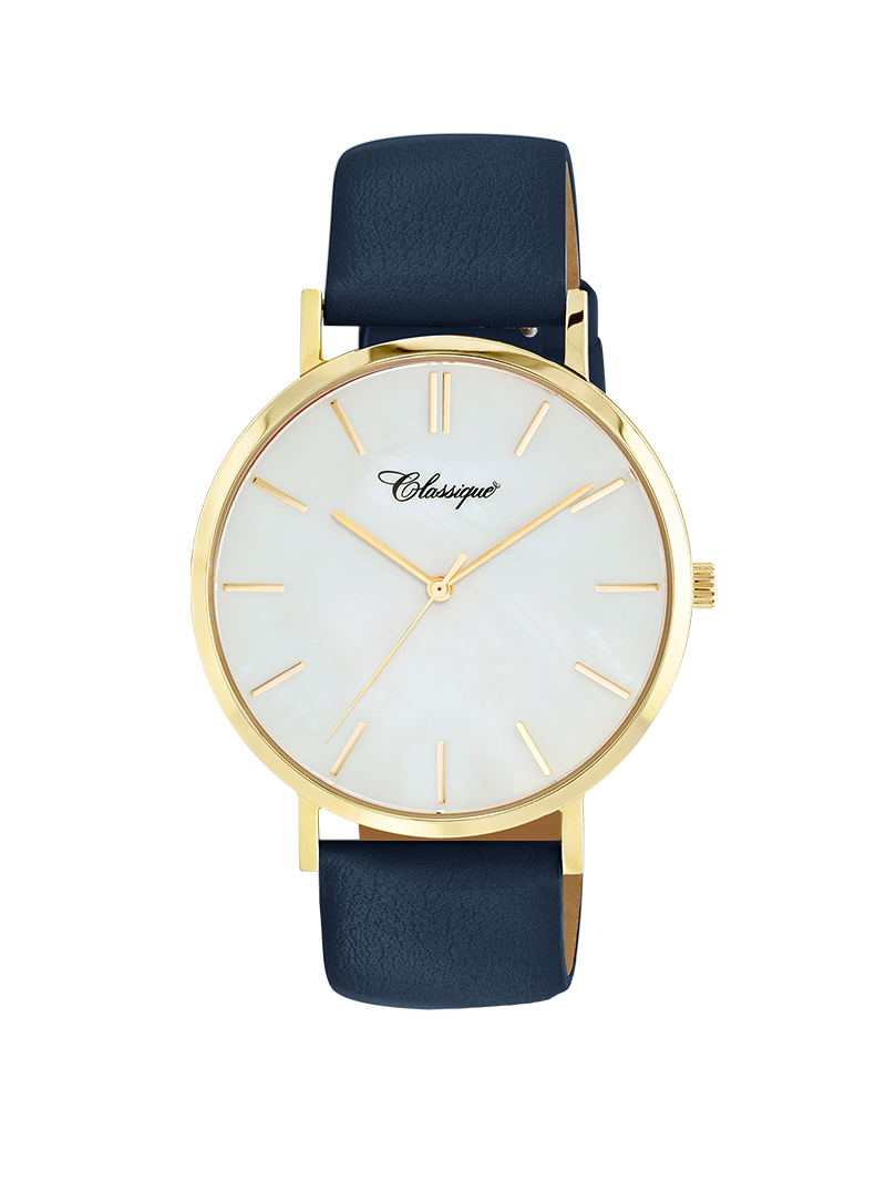 Case Gold Plated Stainless Steel Dial Mother of Pearl Dial Baton Quick Release Leather Navy