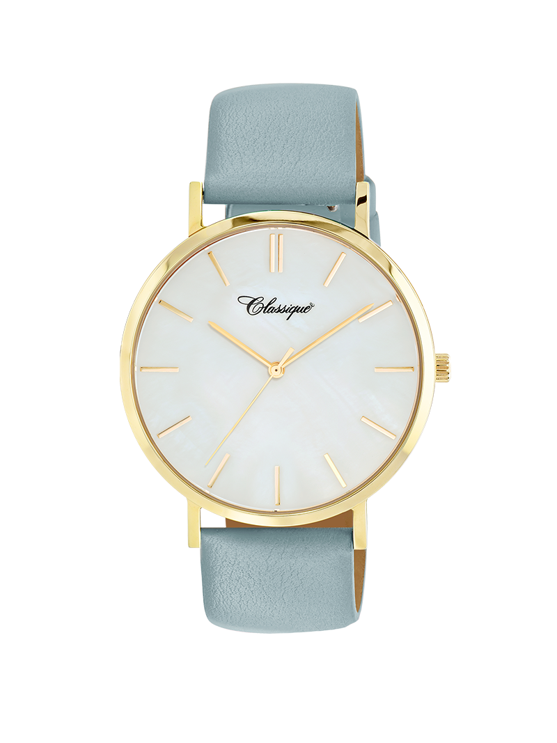 Case Gold Plated Stainless Steel Dial Mother of Pearl Dial Baton Quick Release Leather Sky Blue