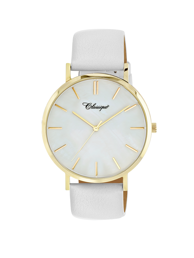 Case Gold Plated Stainless Steel Dial Mother of Pearl Dial Baton Quick Release Leather White