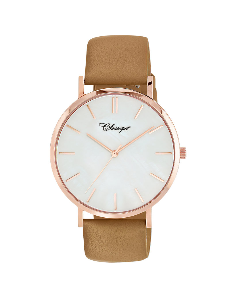 Case Rose Gold Plated Stainless Steel Dial Mother of Pearl Dial Baton Quick Release Leather Camel