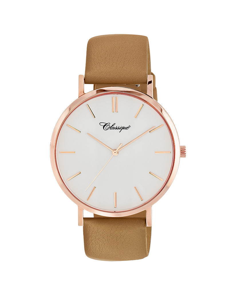 Case Rose Gold Plated Stainless Steel Dial White Dial Baton Quick Release Leather Camel