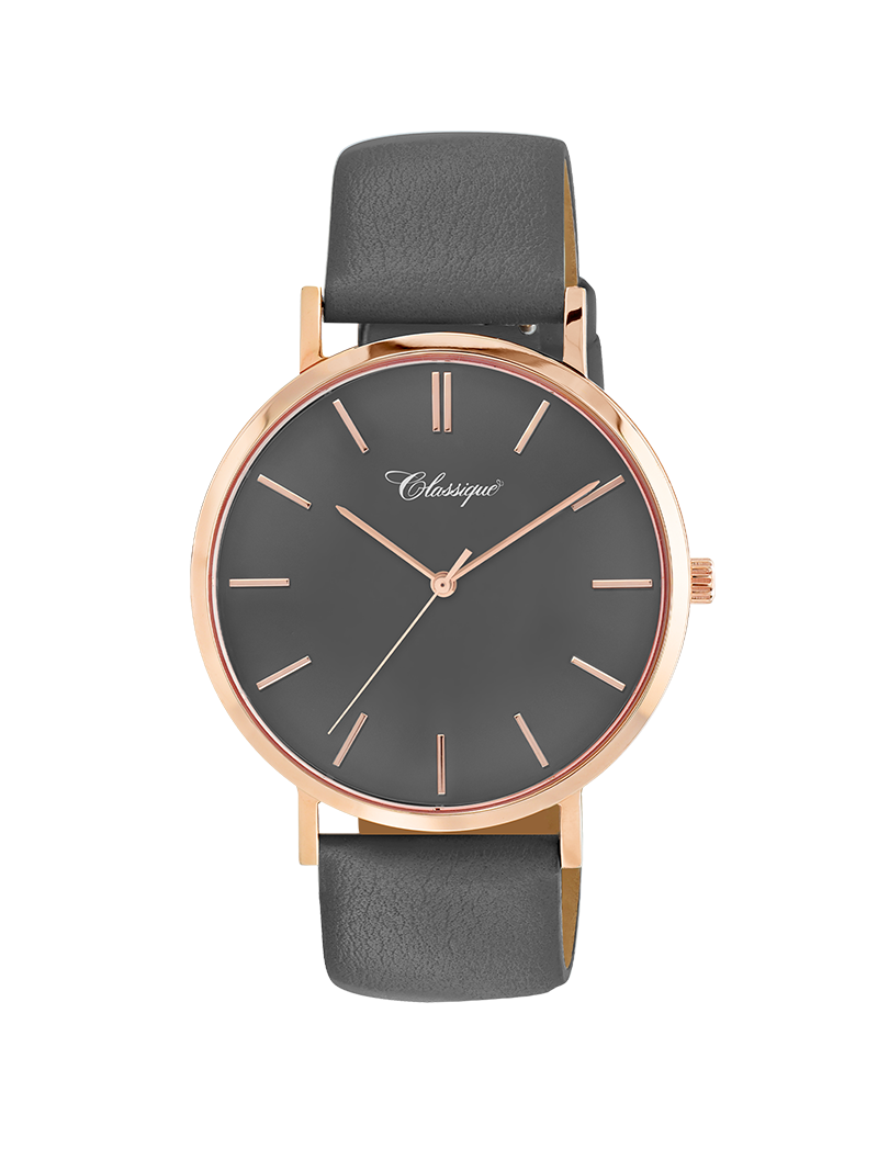 Case Rose Gold Plated Stainless Steel Dial Grey Dial Baton Quick Release Leather Dark Grey